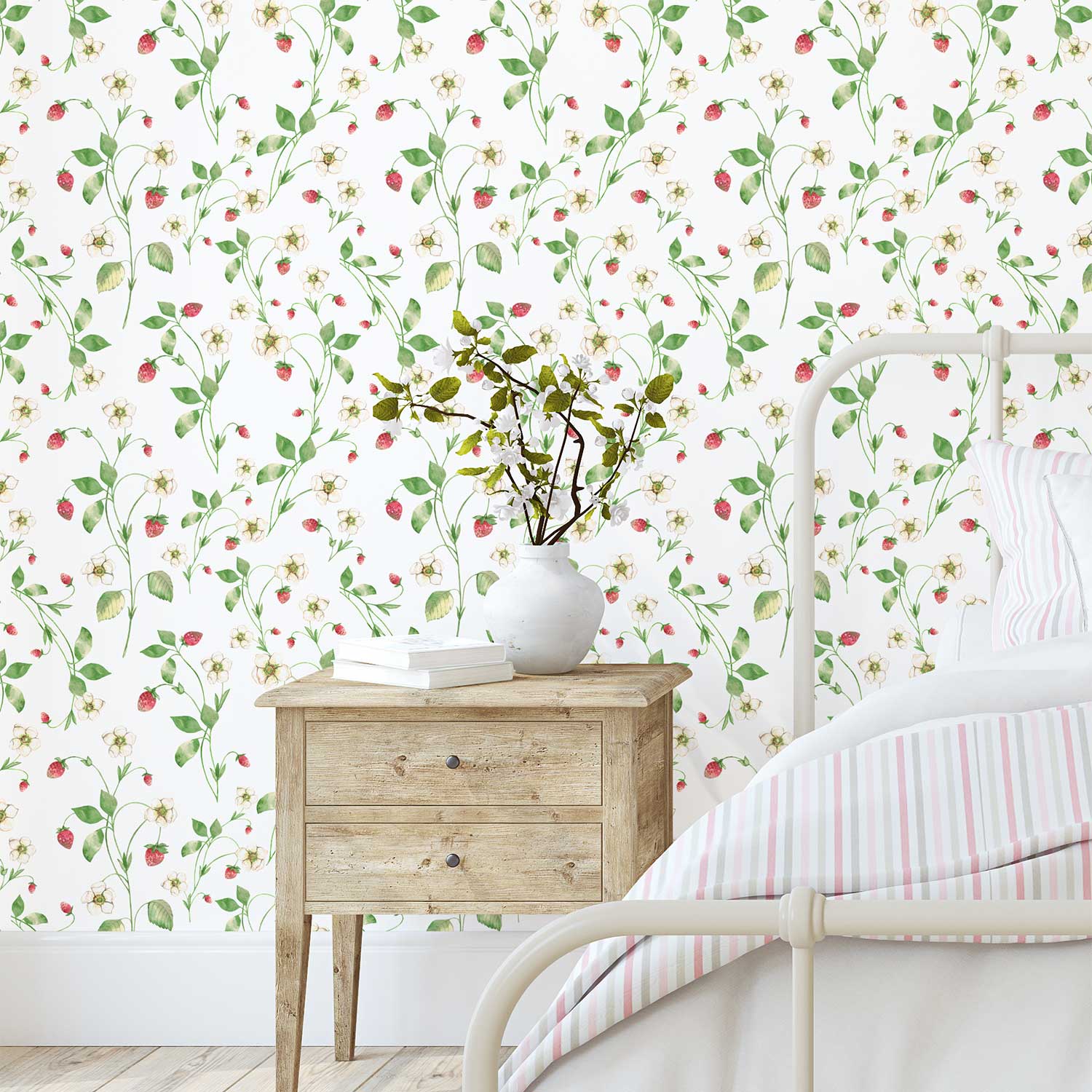 Strawberry field floral wallpaper in a girl's bedroom